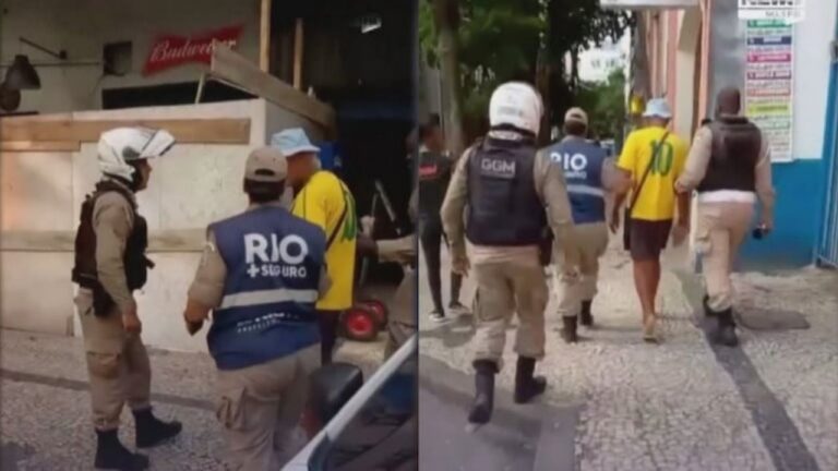 Ilustración de una playa de Copacabana con siluetas de edificios al fondo.