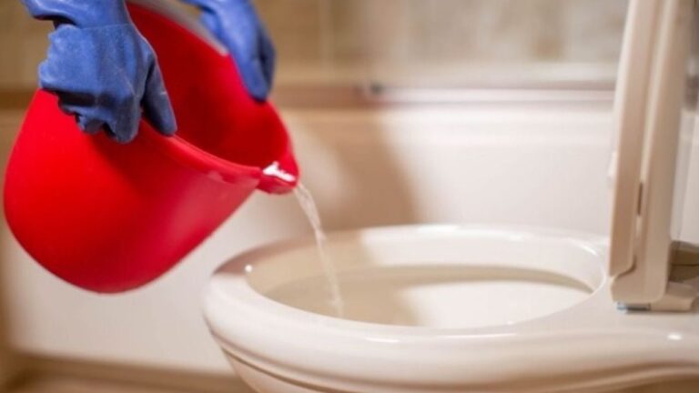 Persona vertiendo agua caliente en un inodoro como parte del mantenimiento del hogar