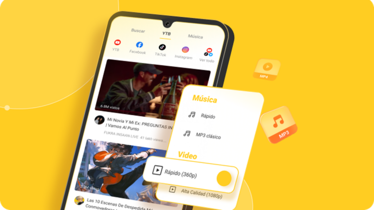 Captura de pantalla de Snaptube mostrando opciones de descarga de video y audio