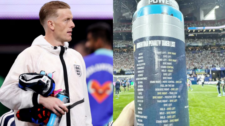 Botella de Jordan Pickford con papel pegado mostrando lista de pateadores argentinos