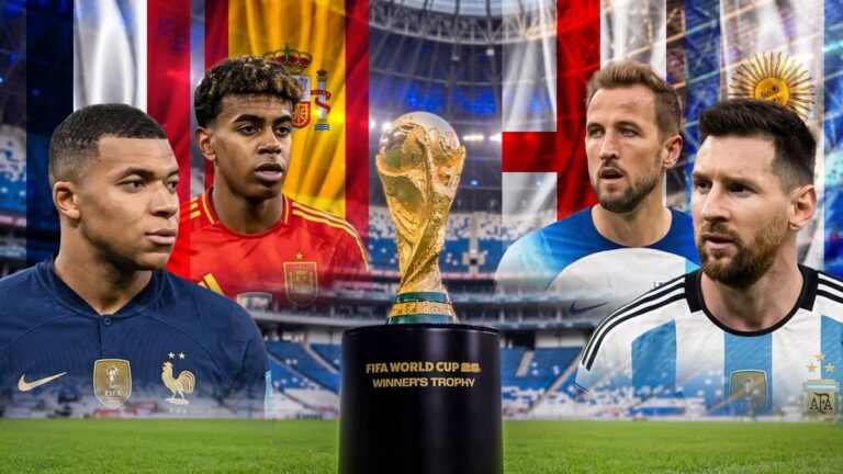 Cuatro banderas de Argentina, Francia, España e Inglaterra sobre un fondo de estadio de fútbol