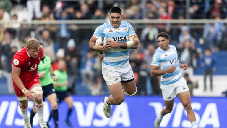 Jugadores de Los Pumas celebrando un try ante Gales en el estadio Bicentenario de San Juan