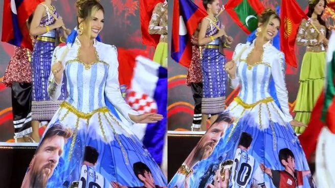 Alina Akselrad con vestido estampado con imágenes de Lionel Messi