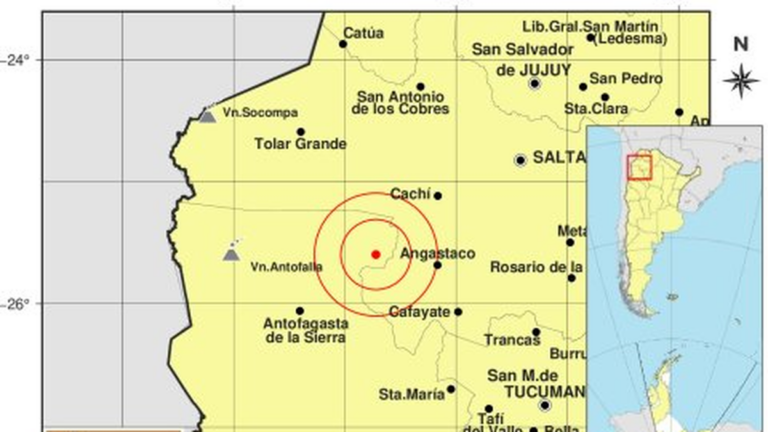Mapa de la región del Noroeste Argentino con los epicentros de los sismos en Catamarca y Tucumán