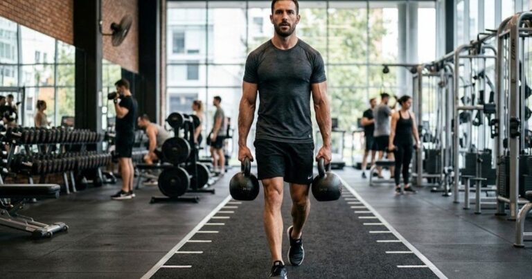 Entrenador personal ajustando una máquina de gimnasio para una persona de estatura no promedio
