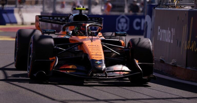 Lando Norris celebrando la pole position en el circuito Madring de Madrid, con Franco Colapinto noveno en la clasificación