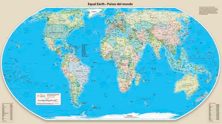 Mapa mundial con proyección Equal Earth mostrando el tamaño real de los continentes