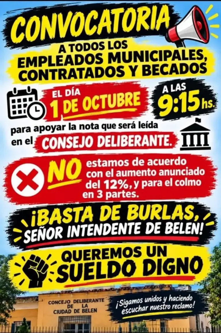 Trabajadores municipales de Belén movilizándose frente al Concejo Deliberante