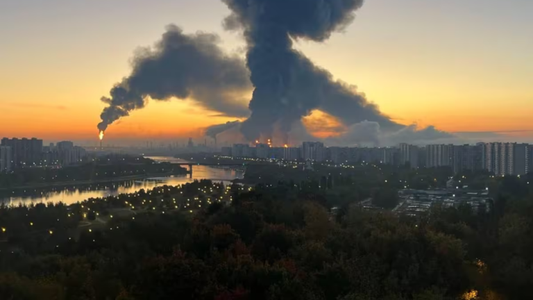 Drones sobrevolando una ciudad durante un ataque